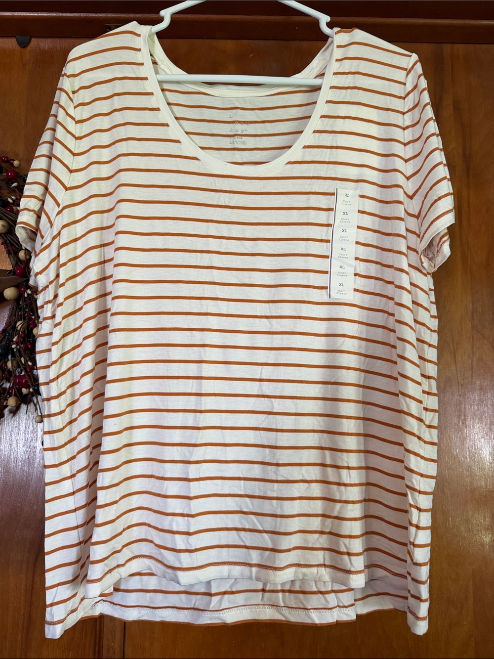 a new day Cream and Orange Striped Short Sleeve Scoop Neck Tee